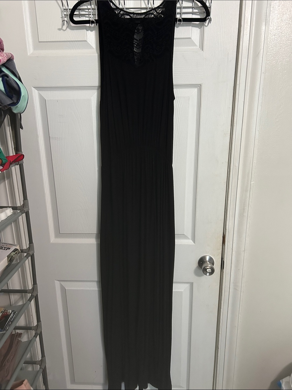 Sleeveless Black Crochet-Yoke Maxi Dress